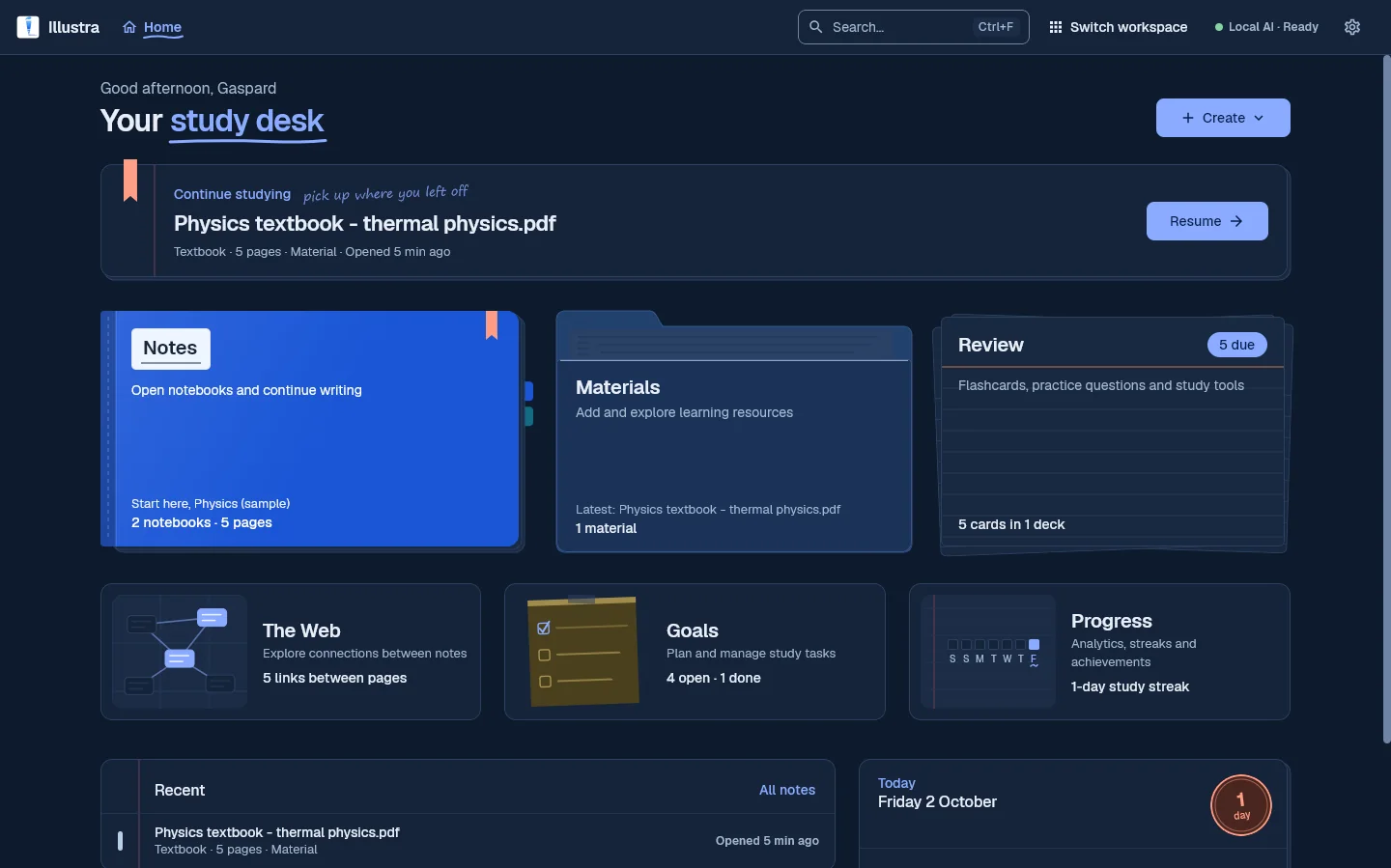 Illustra's Home screen in dark mode: a greeting, Your study desk, a Continue studying slip, and the six places to work drawn as a notebook, a folder, index cards, The Web, a sticky note and a progress journal.