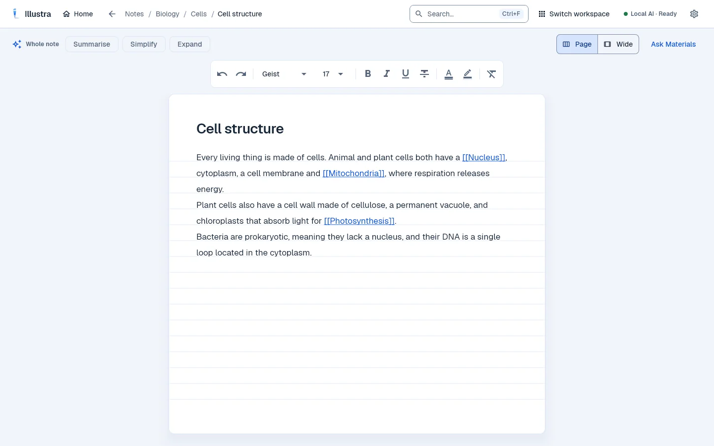 A typed page called Cell structure, with links to Nucleus, Mitochondria and Photosynthesis, the formatting bar, and the Summarise, Simplify and Expand buttons.